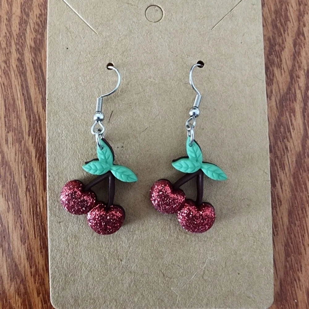 Glitter Cherry Dangle Earrings - Red and Green Stainless-Steel Fishhook Earrings